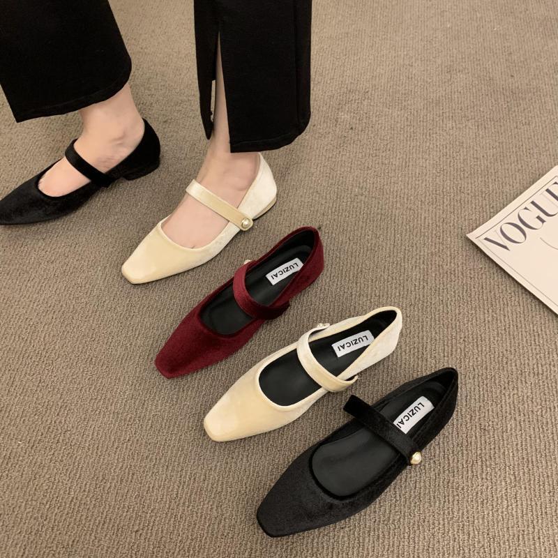 Ретро жемчужный нишевый золотой бархат пряжка на одну пуговицу туфли Мэри Джейн женские плоский толстый каблук средний каблук квадратный носок одинарные туфли бордовый