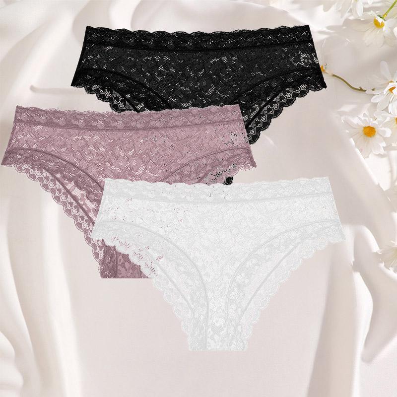 3Pcs Ladies' Sexy Lace Underwears Transparent Sexy Briefs Lace-Trimmed Comfortable Panties Cotton Breathable Crotch