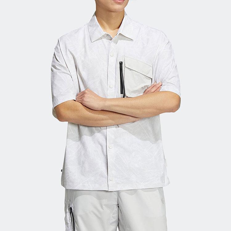 Adidas Originals SS22 Abstract Pattern Full Print Zip Pocket Short Sleeve Shirt Men Shirts Light-Gray HS9472