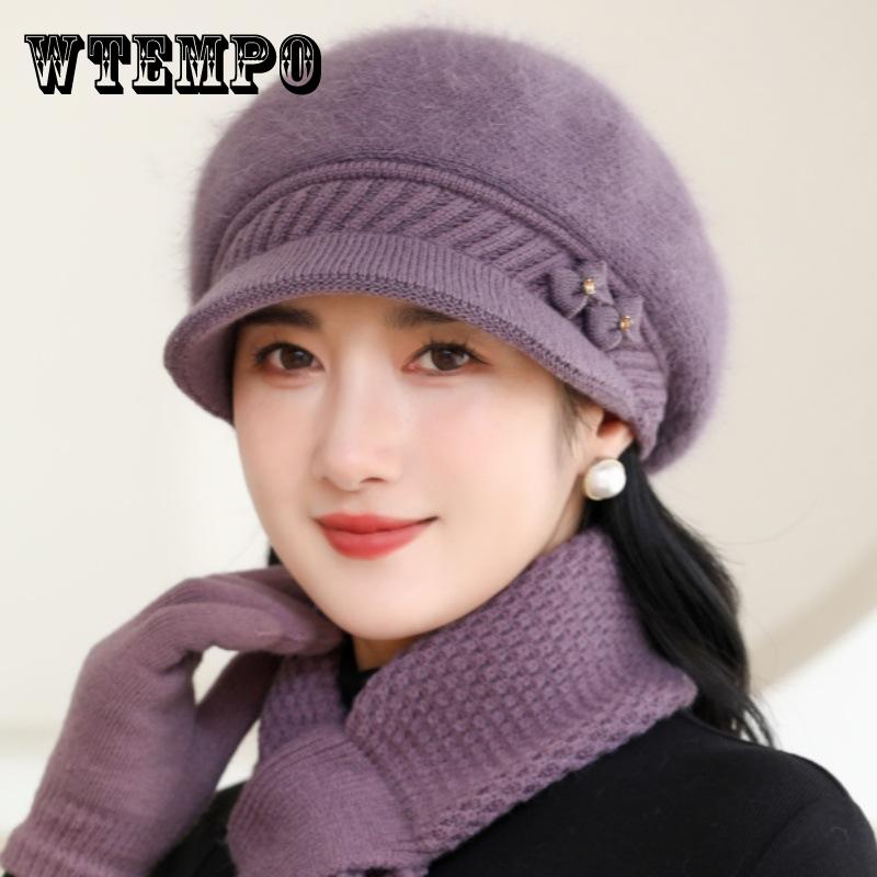 Elegant Winter Beanie for Women - Cozy Knit with Floral Accent, Perfect for Middle-Aged & Elderly, Stretch Fit, Hand Washable
