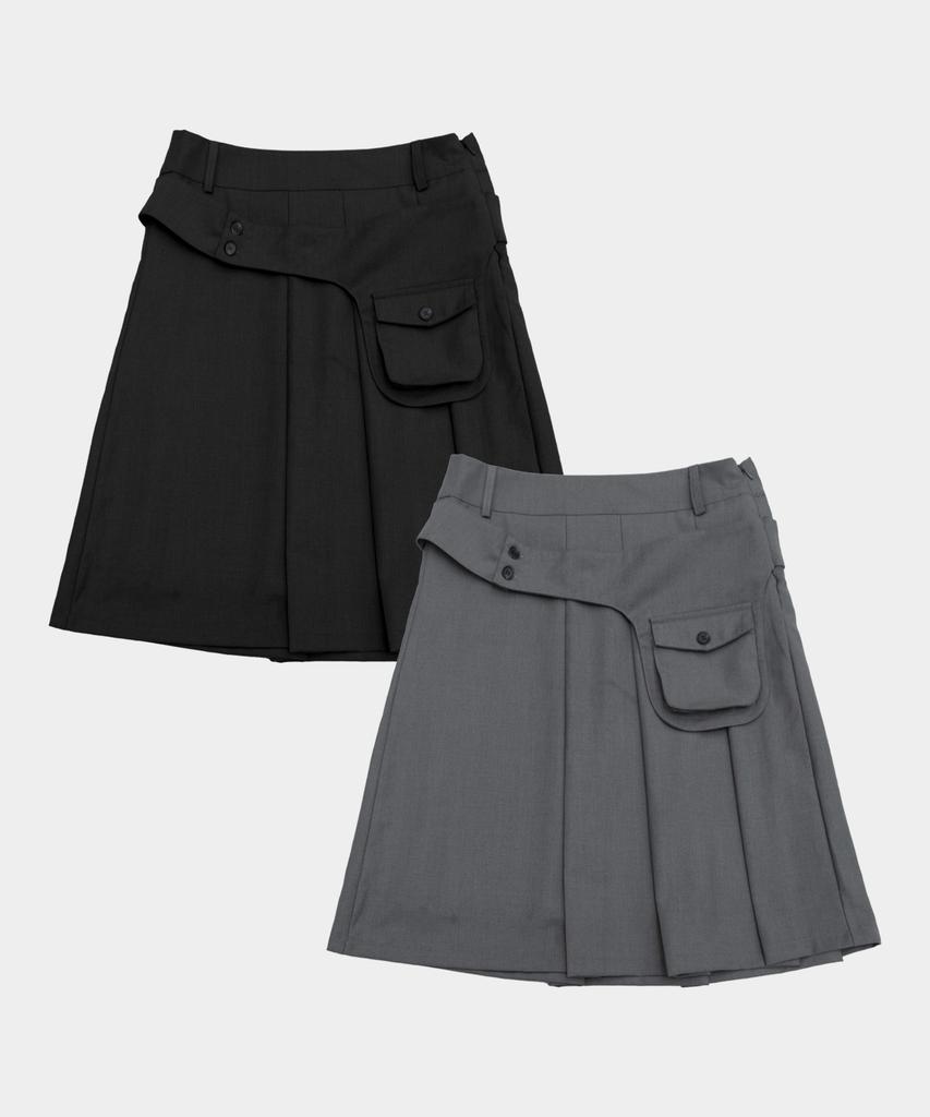 Place Studio Essential Button Pocket Belted Layered Asymmetrical Pleated Midi Skirt _3 Colors