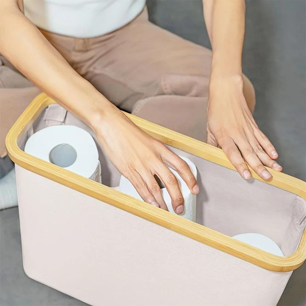 Bathroom Storage Basket Paper Organizer with Handle Slim Roll Paper Storage Box, Rectangle Shape for Home Organization