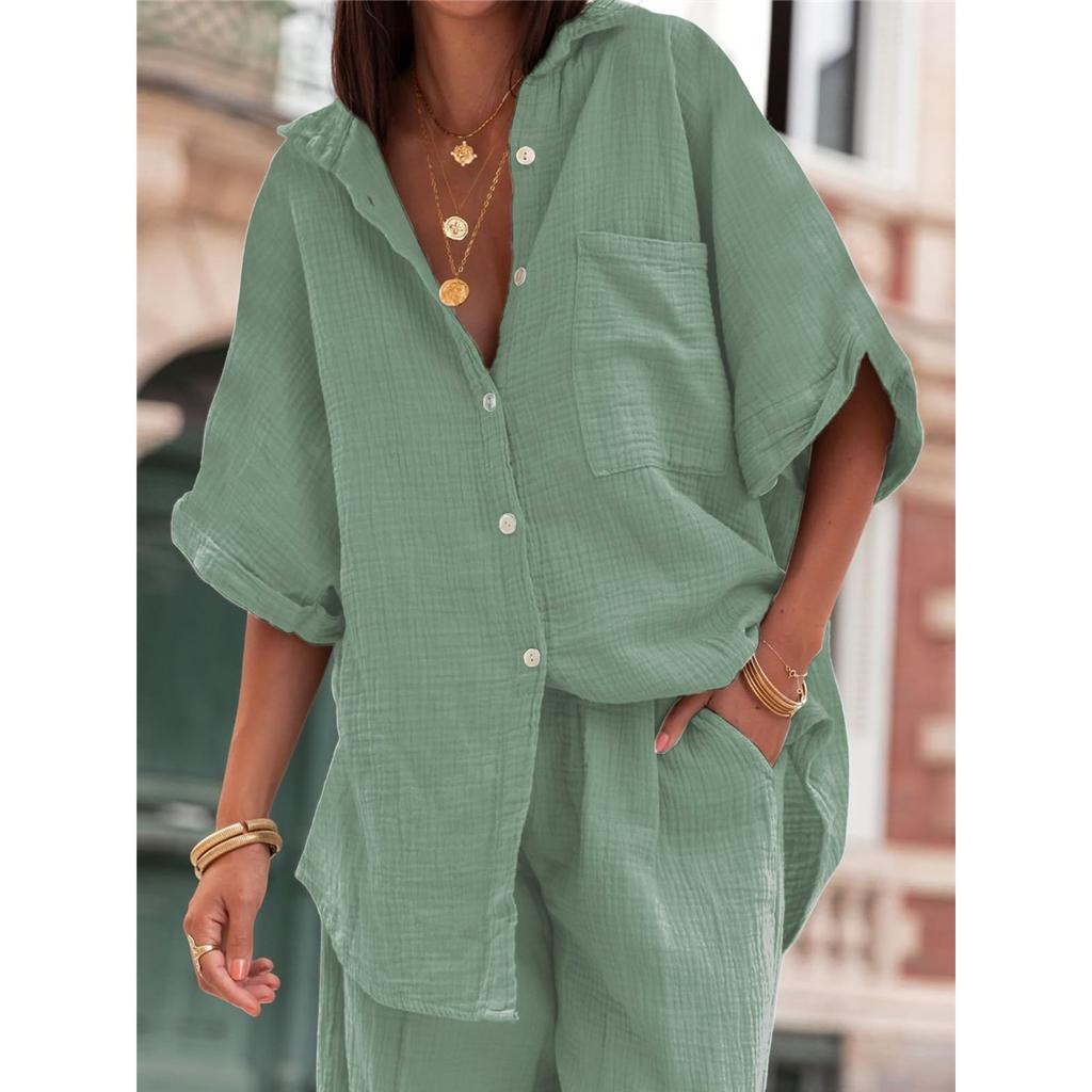 Women's Casual Sets Summer Cotton and Linen Short-sleeved Lapel Shirt Straight Trousers Two-piece Set
