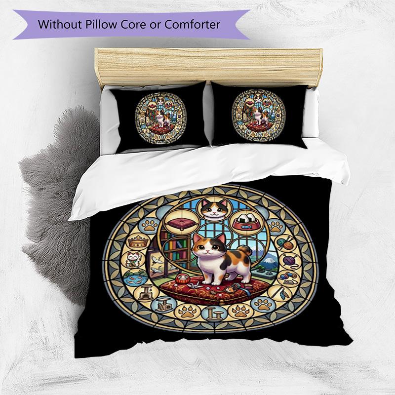 Cat Glass Window Pattern Bedding,Quilt Set Quilt Cover Pillowcase Home Birthday Gift (1*duvet cover+2*pillowcase,without core)
