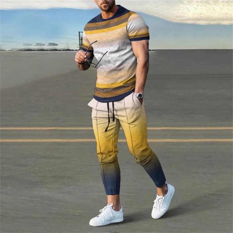 Мужская футболка, спортивный костюм, комплект из 2 предметов, короткий рукав, спортивная одежда, костюмы, модная мужская одежда, брюки, повседневные топы с круглым вырезом, брюки, уличная одежда