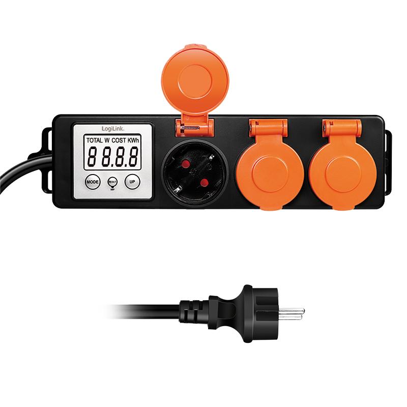 Extension cord Power strip 3 socket energy meter 1.4 m LCD CEE7/3 LogiLink IP44