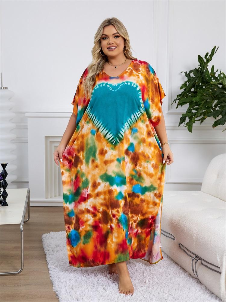 EDOLYNSA Plus Size Loose Kaftan Dresses For Women 2024 Boho Printed Vacation Beach Coverup Summer House Dress Cozy V Neck Short Sleeve Loungewear
