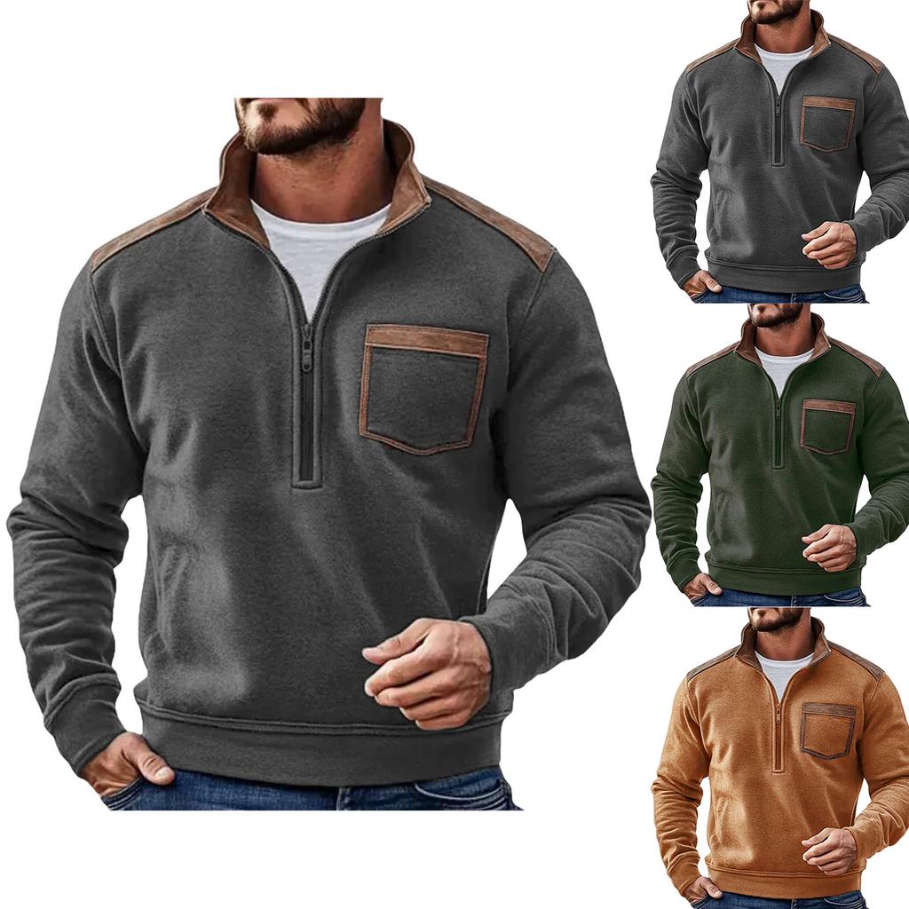 Mens Retro Fleece Sweatshirt With Pocket Color Block Slim Fit Long Sleeve Half Zip Pullover Shirt Trendy