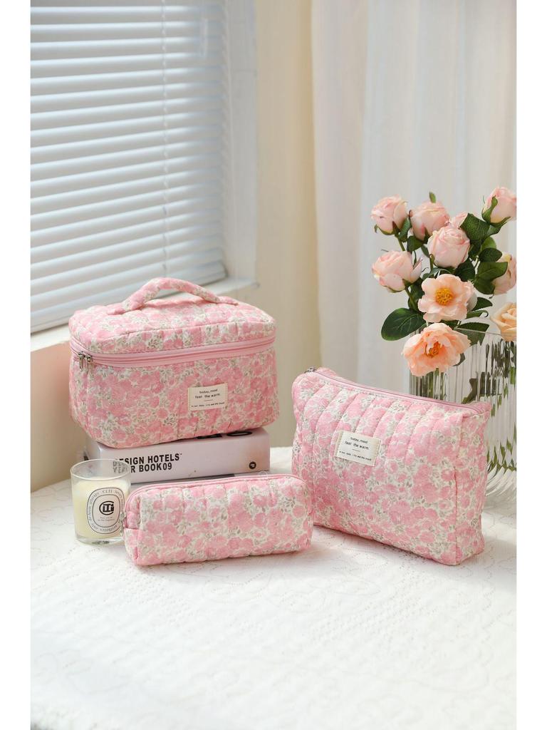 Косметичка из стеганого хлопка с цветочным принтом большой вместимости - Портативная и милая для путешествий или для студенток
