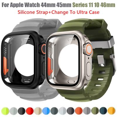 Силиконовый ремешок+Чехол Смена на Ultra Для Apple Watch Ultra 11 10 9 8 7 6 5 4 SE Для iWatch 46мм 49мм 45мм 44мм Защитные пленки на экран