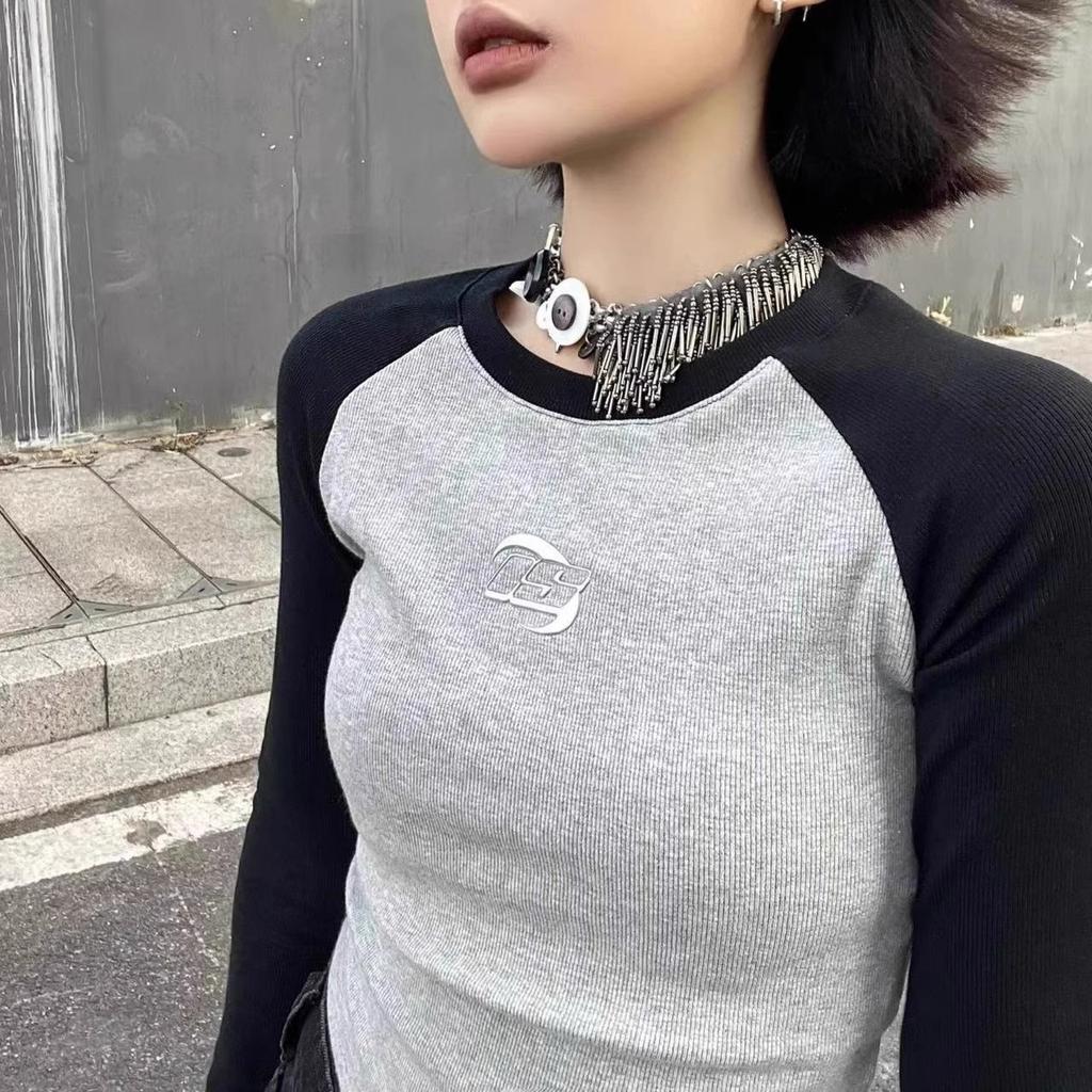 Укороченный топ в стиле гранж в стиле пэчворк, винтажная ребристая футболка с длинными рукавами, корейская модная сексуальная тонкая футболка, уличная одежда 90-х годов, японская