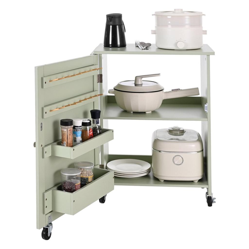 Folding Sewing Table, Multipurpose Sewing Machine Table with Compact Design, Wheels, Wooden Pegs, Storage Trays and Shelf, Magnetic Door Lock, Craft