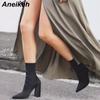 Aneikeh/Модные ботильоны с острым носком, женские эластичные ботинки челси на высоком каблуке, туфли без шнуровки на толстом каблуке, черные, весна/осень 2024