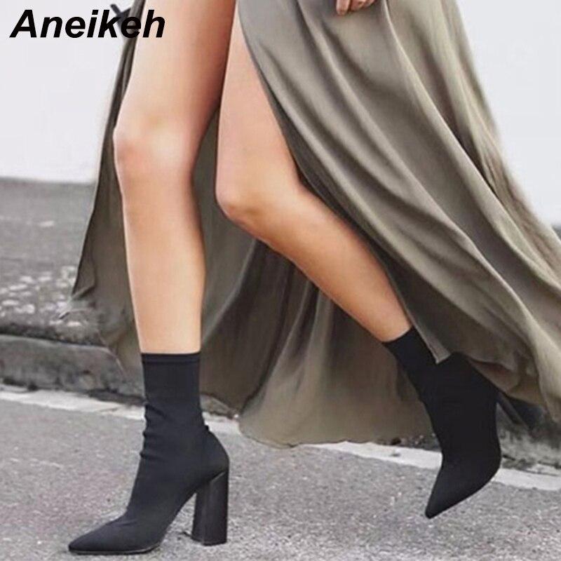 Aneikeh/Модные ботильоны с острым носком, женские эластичные ботинки челси на высоком каблуке, туфли без шнуровки на толстом каблуке, черные, весна/осень 2024