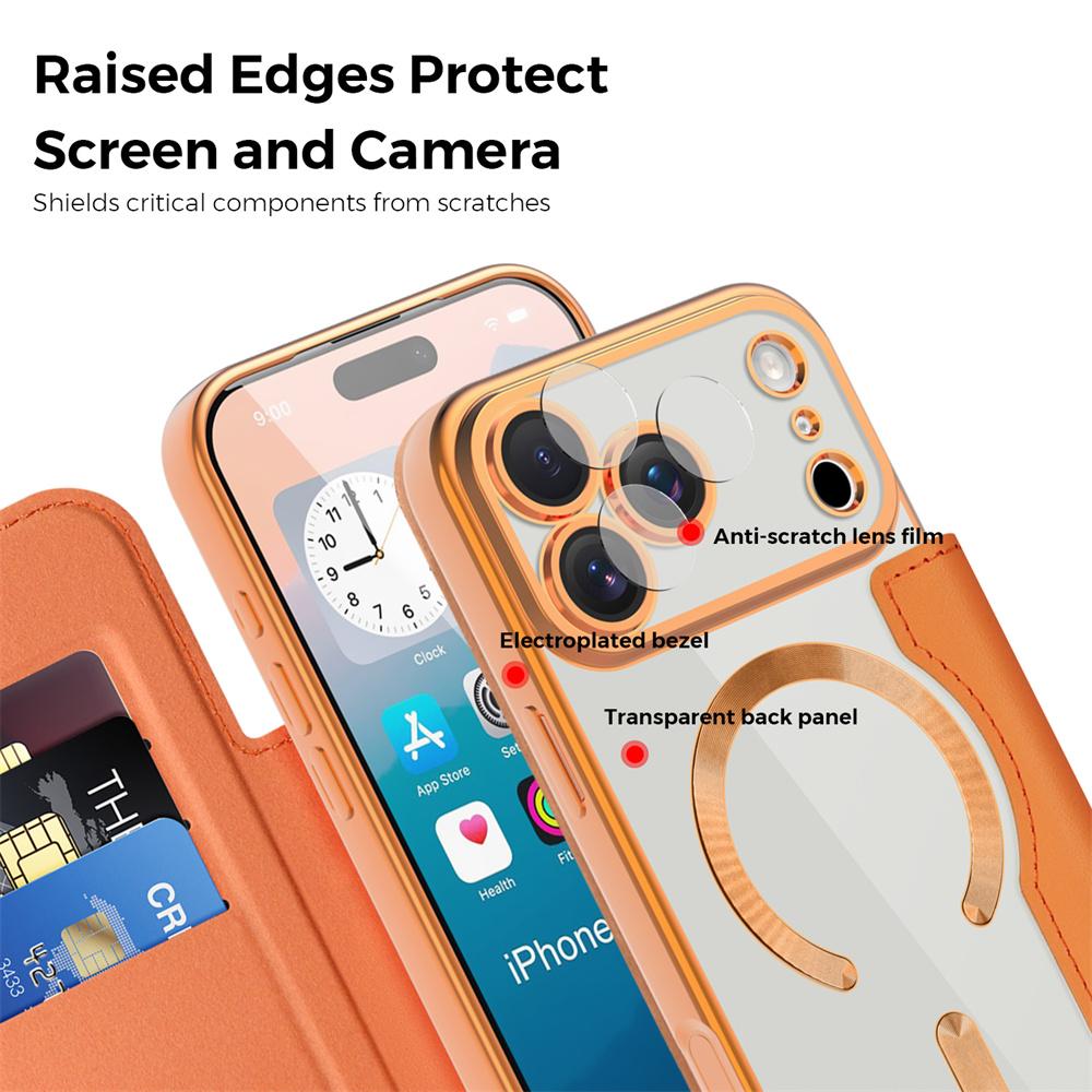 For Magsafe Clear Flip Leather Slot Card Bag Holder Magnetic Phone Case For 17 Pro Max Air Wireless Charging Wallet Cover