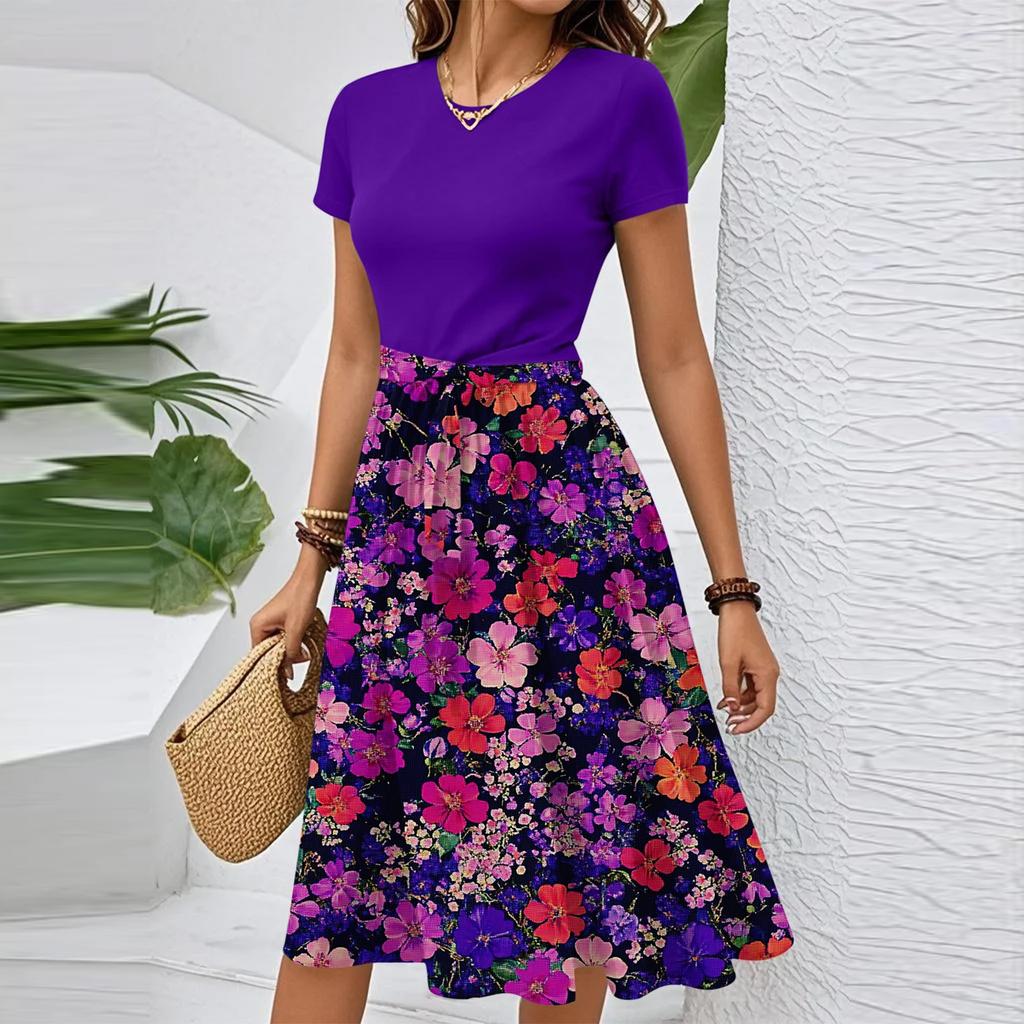 Women's Casual Fashion Belted Floral Print Short Sleeve Round Neck Elegant Dress