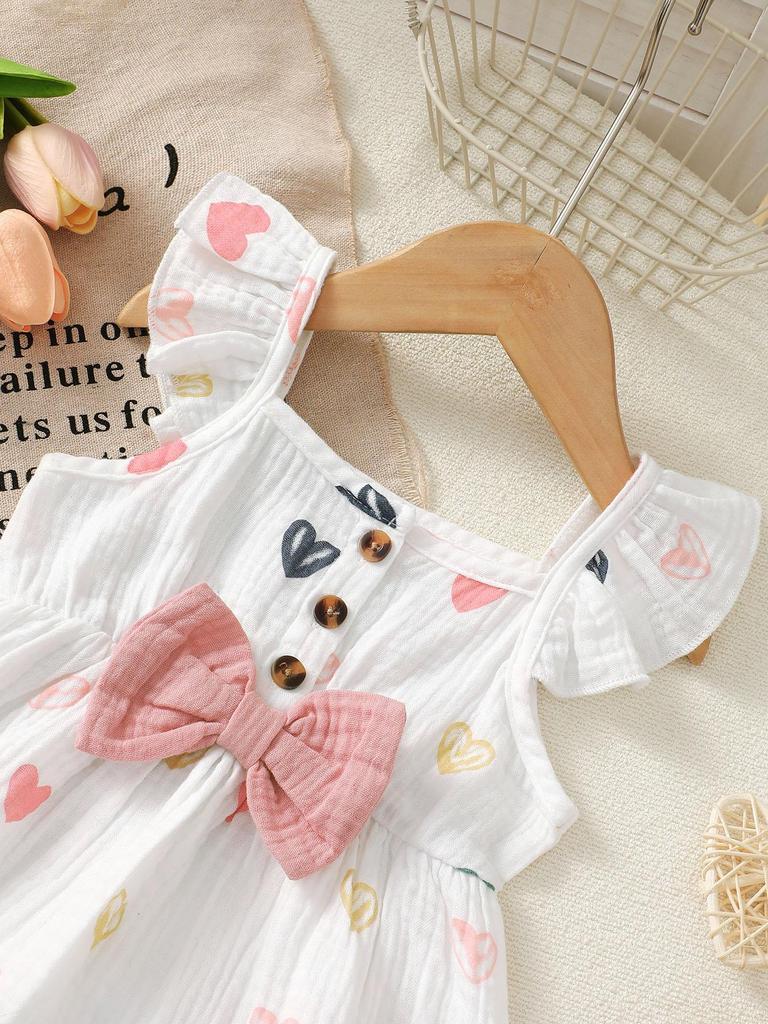2Pcs Baby Girl Clothes Outfit Heart Print Ruffle Sleeve Top Shorts Set Bow Decor for 0-18 Months Infant Sweet Casual Clothes