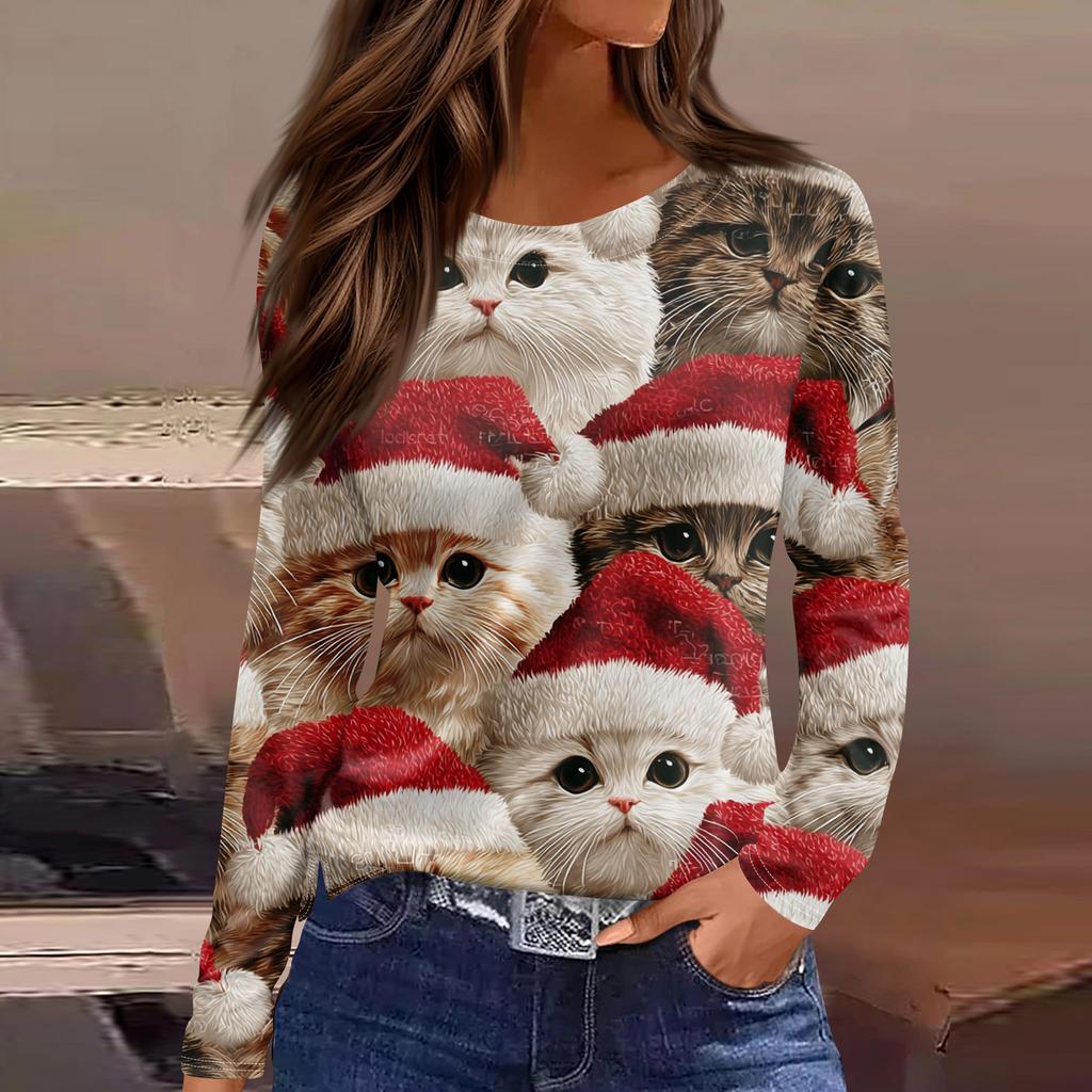 Women's Fashion Hem Slit Casual Christmas Printed Round Neck Long Sleeve Top