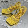 Fashion Eilyken Sexy Mesh Pumps Sandals Female Square Toe High Heel Lace Up Cross-tied Stiletto Hollow Dress Shoes Size 35-42