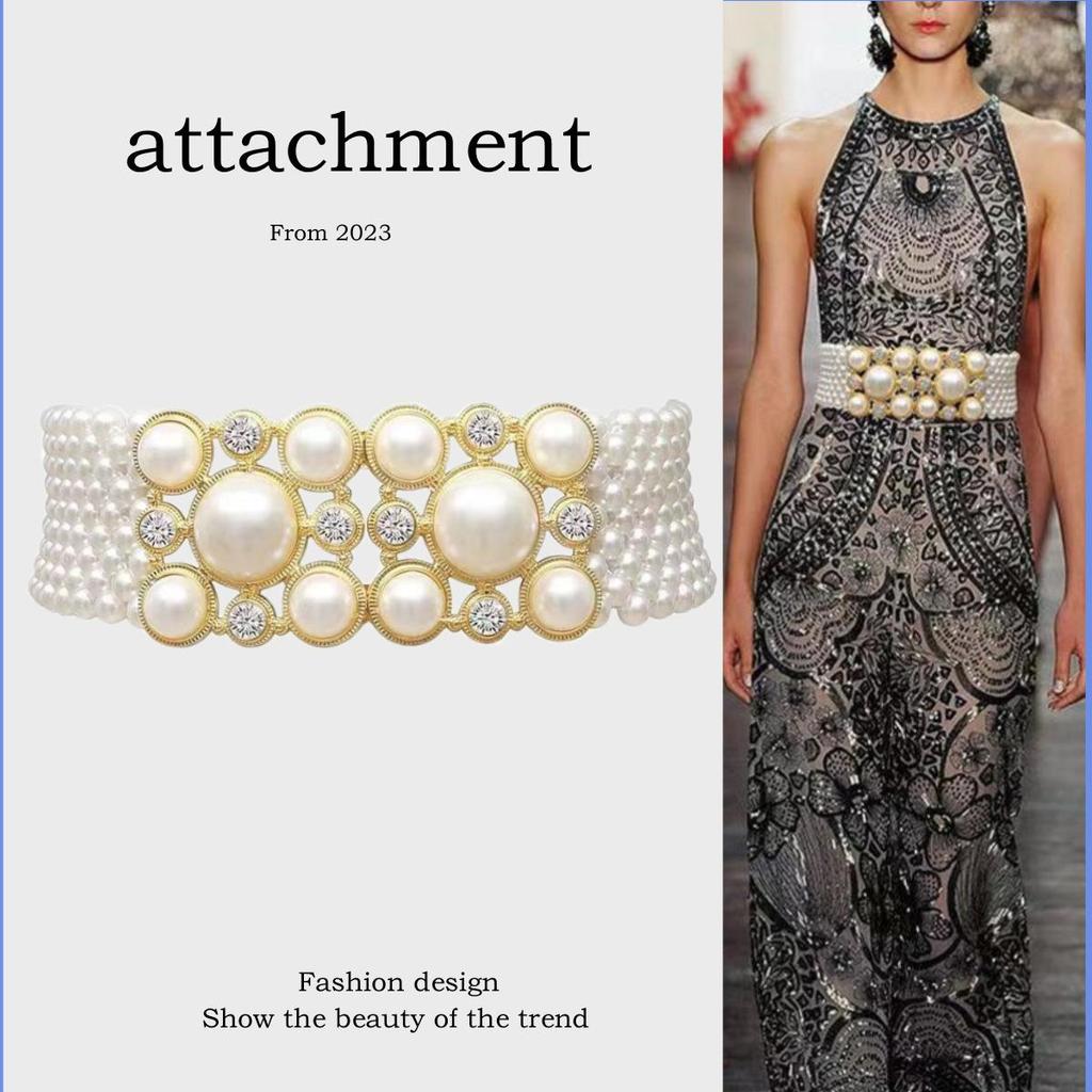 «Элегантный пояс со стразами и жемчугом: Универсальная широкая цепочка на талию для элитных пальто.