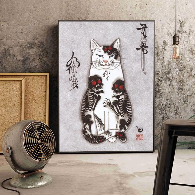 Solid Wood Frame Japanese Floating Samurai Cat Canvas Painting Retro Style Posters and Prints Wall Art Pictures for Living Room Wall Decor