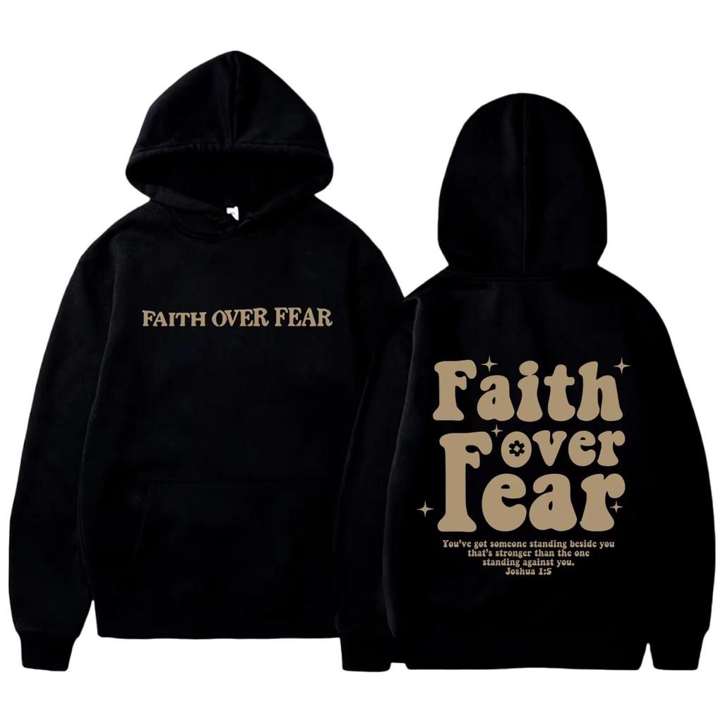 FAITH OVER FEAR Fashionable and Casual Back-collar Plus Velvet Hooded Loose Sweatshirt for Female Students European Goods