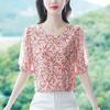 Новый летний топ с короткими рукавами и принтом, модная шифоновая рубашка для мамы, блузка с круглым воротником, M-5XL