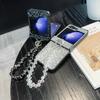 Bling Glitter PU Leather Cover with Bead Wrist Chain Strap Bracelet For Samsung Galaxy Z Flip 6 5 4 3 Phone Case