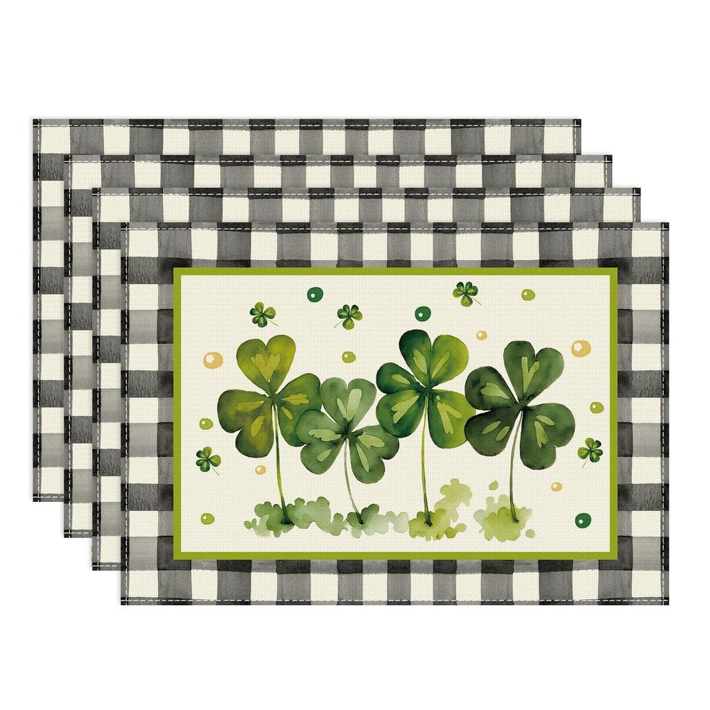 Watercolor Plaid Green Shamrocks Clovers St. Patrick's Day Placemats Set of 4 Table Mats for Party Home Kitchen Dining Table Decorations 12x18 Inch