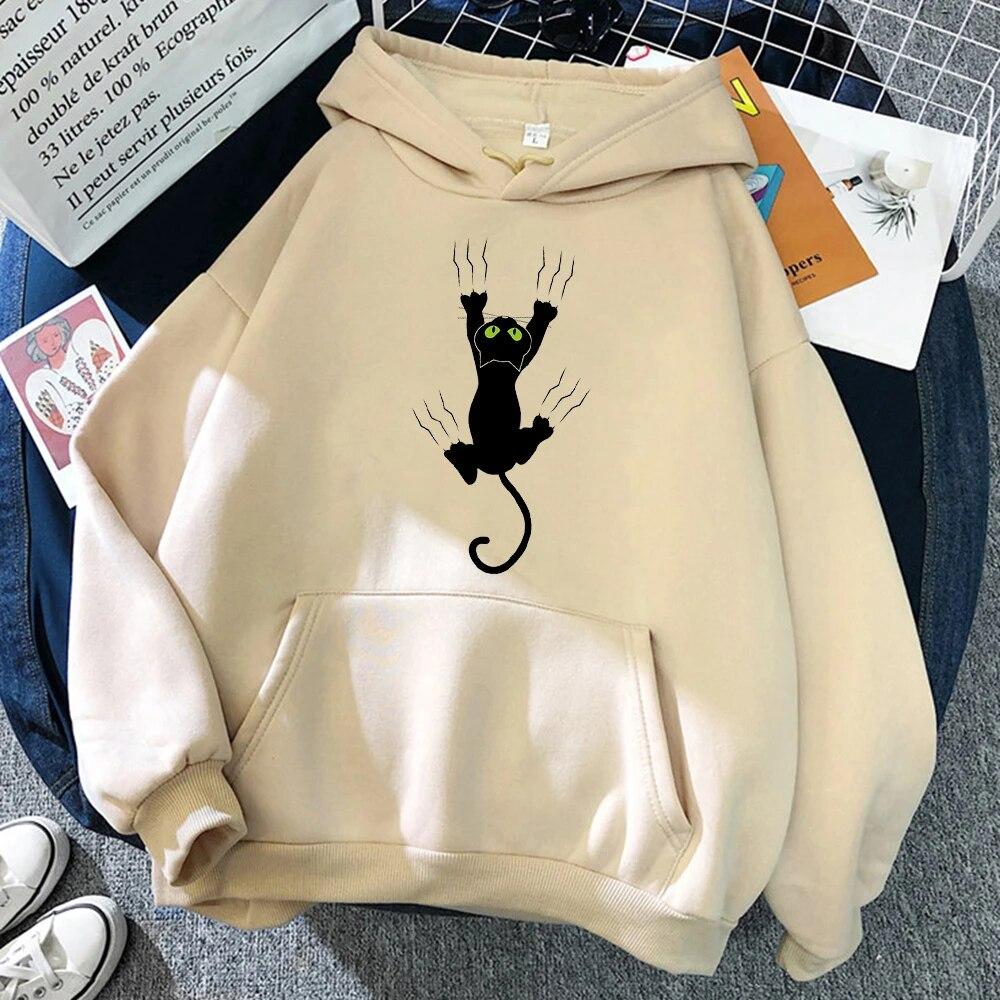 Мяу черный кот унисекс с капюшоном модные свободные толстовки унисекс с плотным принтом пуловер высокого качества уличная теплая спортивная одежда