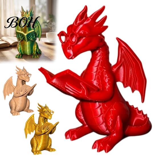 Holiday Gift for Readers Reading Dragon Figurine with Glasses, Statue, 3D Printed Home Office Accent Piece Bookshelf Decor, Whimsical Desktop