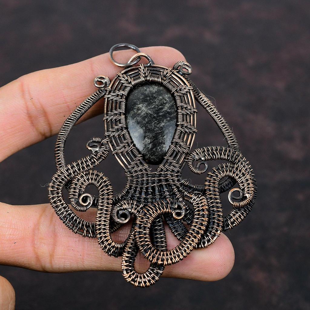 Silver Sheen Obsidian Pendant Copper Wire Wrapped Pendant Handmade Jewelry Gemstone Pendant Copper Wire Jewelry Octopus Pendant Gift For Him
