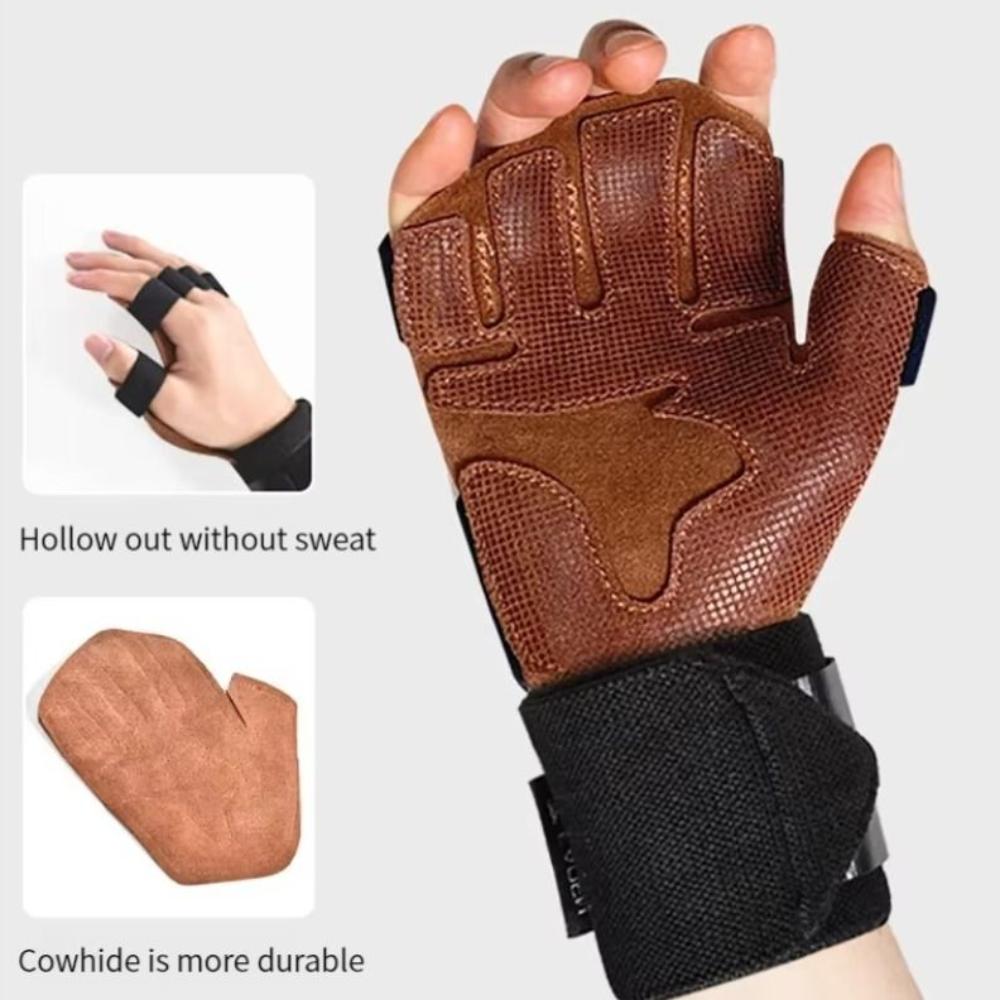 1 Pair Four-finger Ventilated Gym Wristband Cowhide Fitness Workout Gloves  Pull-ups