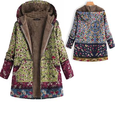 Женская толстая композитная плюшевая куртка с длинным рукавом и винтажным цветочным принтом, плюс размер, куртка с капюшоном