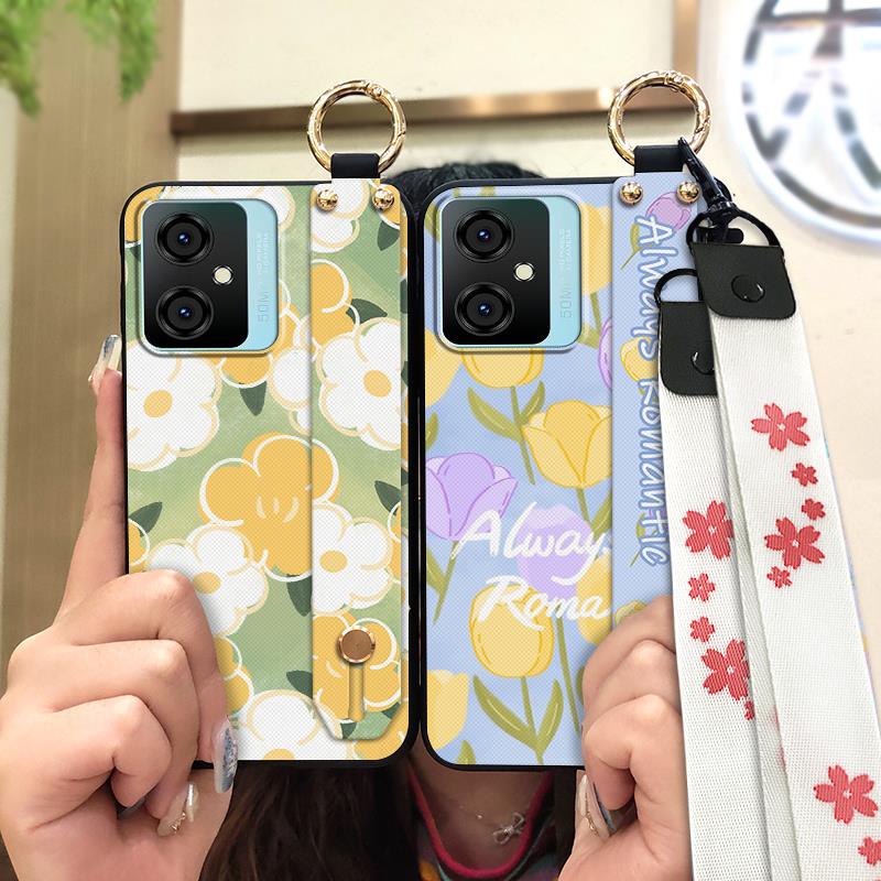 Silicone Flower Phone Case For Blackview Oscal C70 Kickstand Waterproof Dirt-resistant Shockproof Wrist Strap Durable