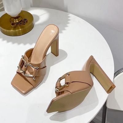 Новые синие джинсовые тапочки, женские уличные сабо на высоком каблуке, модные дизайнерские сандалии с металлической пряжкой, женская обувь с квадратным носком