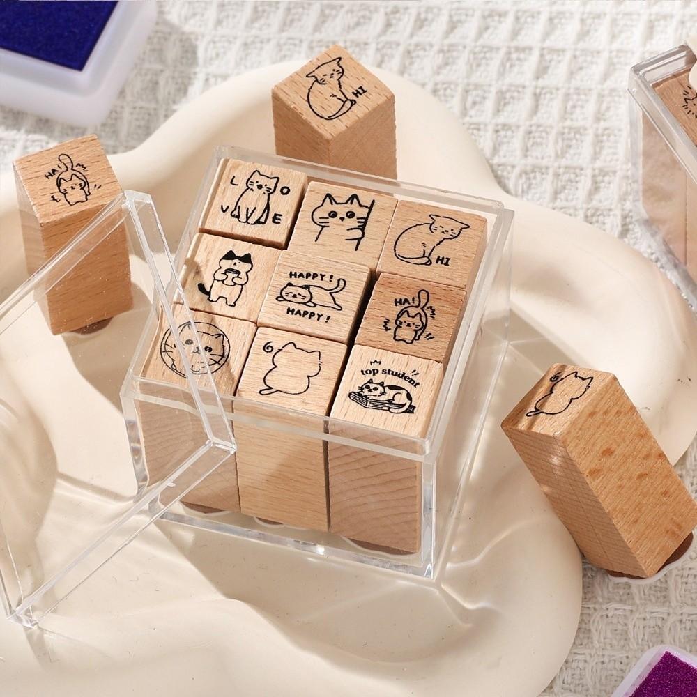9pcs Cat‘s Daily Life Rubber Stamp Acrylic Box Students Stamps Wood Stamps Set Scrapbooking Decor