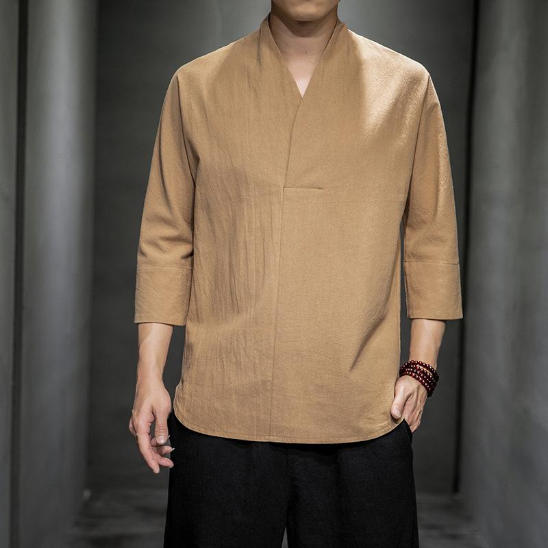 Футболка в китайском стиле из хлопка и льна с короткими рукавами и V-образным вырезом, летняя мужская льняная футболка в стиле ханьфу с рукавом три четверти