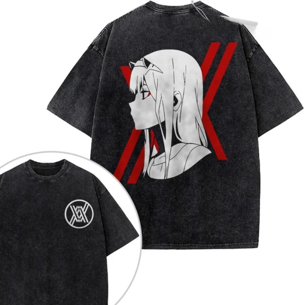 DARLING in the FRANXX Зеро Ту 002 Аниме Графическая Футболка Винтажная Стиранная Черная Хлопковая Уличная Футболка