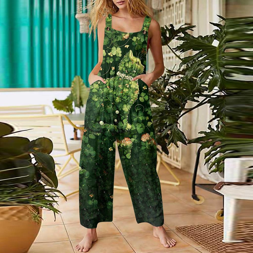 Женский повседневный свободный ретро комбинезон из хлопка и льна с принтом листьев