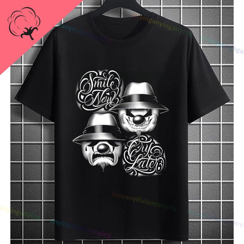 Funny Smile Now Cry Later Clown Mask Graphic Tshirt Chicano Style Shortsleeve Pure Cotton Streetwear Fashion Casual Tshirt