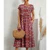 Women's Summer Cotton Linen Dress, Fashion Loose Floral Print Round Neck Short Sleeve Midi Casual Dress with Pockets
