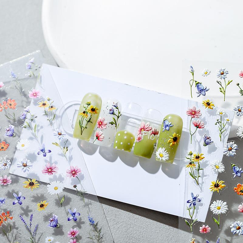 5D Spring Colored Flowers Daisy Embossed Reliefs Nail Art Stickers 3D Adhesive Nail Decorations Decals