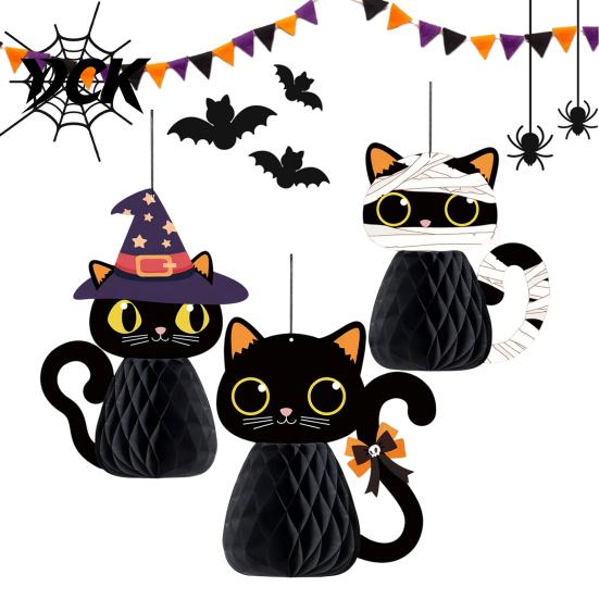 Ornament for Festival 3 Pcs Halloween Black Cat Honeycomb Ornaments, 3D Paper Zombie Bedroom Decorative Items Witch Hanging Decorations Holiday Party