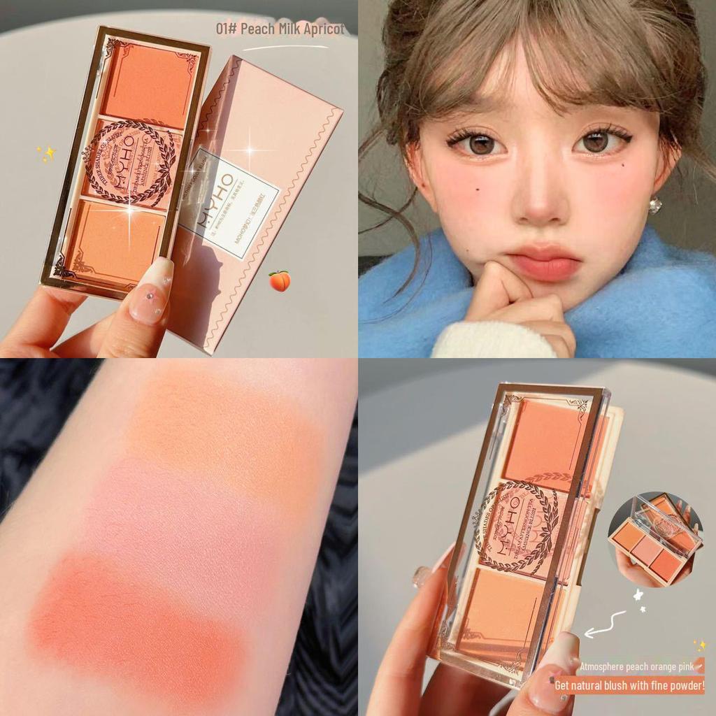 MYHO Tri-Color Blush Palette: Nude, Matte Milk Tea, Orange. Long-Lasting Rouge Makeup.