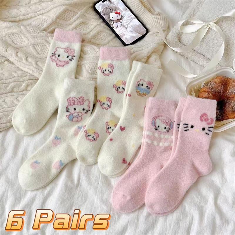 1/4/6 пар милых носков Hello Kitty Осень Зима Утолщенные Теплые Носки Женские Носки до середины икры Девочки Студенты Домашние Носки для Сна Подарок