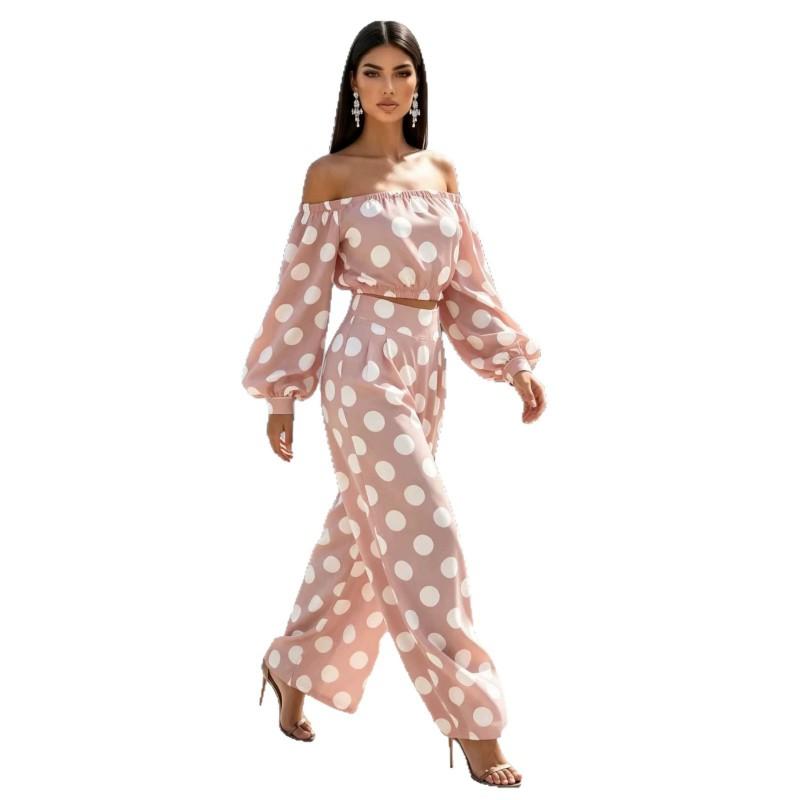 2026 Womens Polka Dot Off Shoulder Long Sleeve Top Wide Leg Pants Set Streetwear