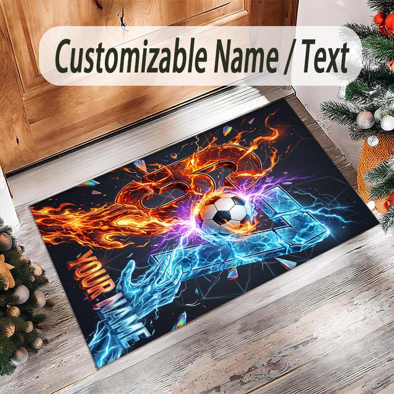Soccer Theme Crystal Velvet Rug Personalized Custom Name Text Soft Floor Mat Home Decor