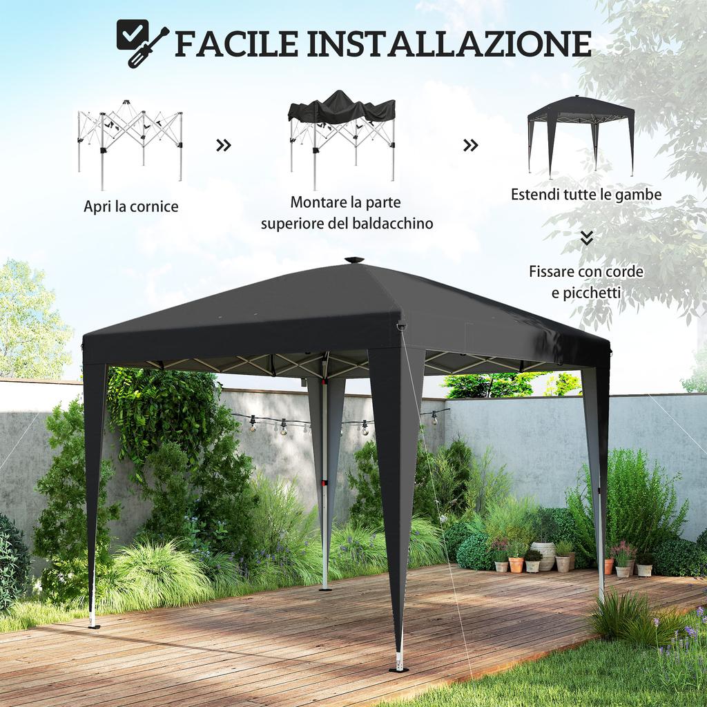 Foldable Gazebo 3x3 M Adjustable Height With Central Light And Remote Control In Metal And Polyester Black