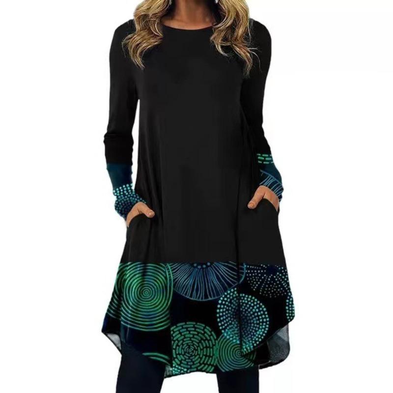 JPNTKY Модные повседневные платья с длинным рукавом и круглым вырезом, Осень-Зима